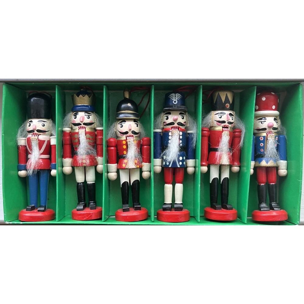 Vintage Santa's Workbench 6- 4" Wooden Nutcracker Articulating Set ‎ #18376